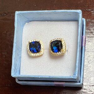 24k YG Plated 4Ct Created Blue Sapphire Halo Princess Cut Stud Earrings
